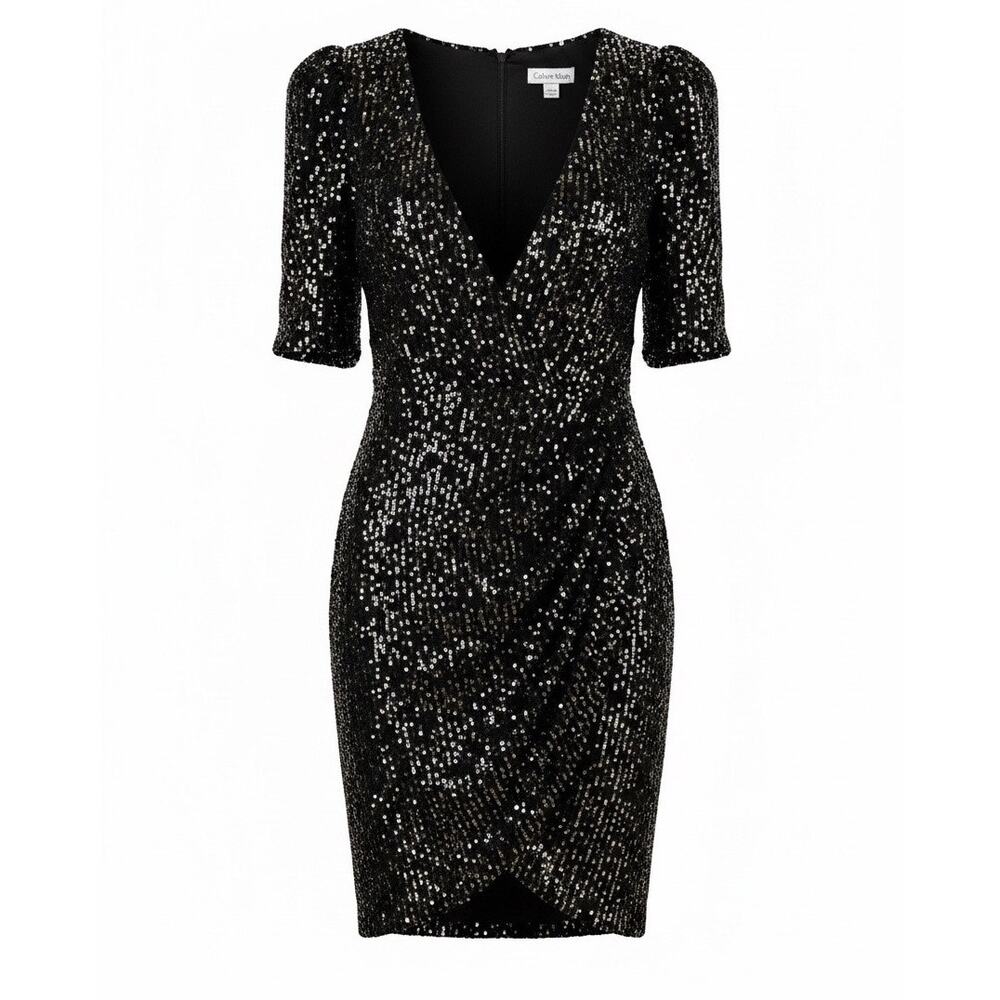 Calvin Klein Allover Sequin Faux Wrap Dress Tulip hem Size 10